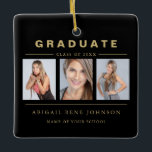 3 Photo Graduation Collage Graduate Black Gold Keramikornament<br><div class="desc">Three Photo Graduation Collage Black and Gold Personalized Ornament.</div>