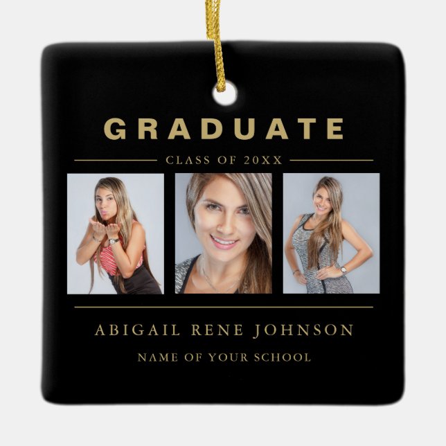 3 Photo Graduation Collage Graduate Black Gold Keramikornament (Vorderseite)