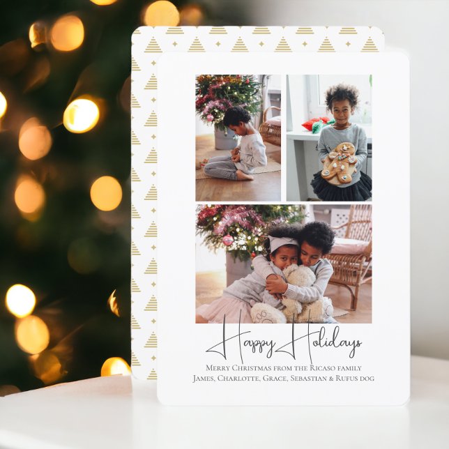3 Photo Happy Holidays Christmas Feiertagskarte (3 Photo Happy Holidays Christmas Holiday Card from Ricaso. With gold Christmas tree pattern on back)