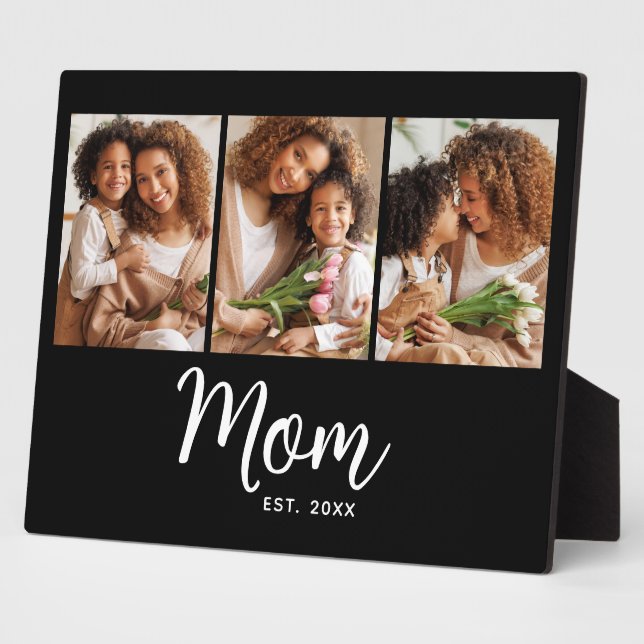 3 Photo Mom Established Date White Script on Black Fotoplatte (Seite)