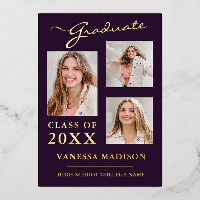 3 Photo Script moderne Purple Grad Faire-part (Recto)