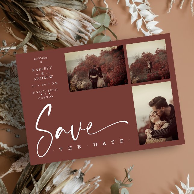 3 Photos Brown Chic Trendy Collage Wedding Covid19 (Stylish Chic Brown Collage Wedding 3 Photos Save the Date with Envelope.)