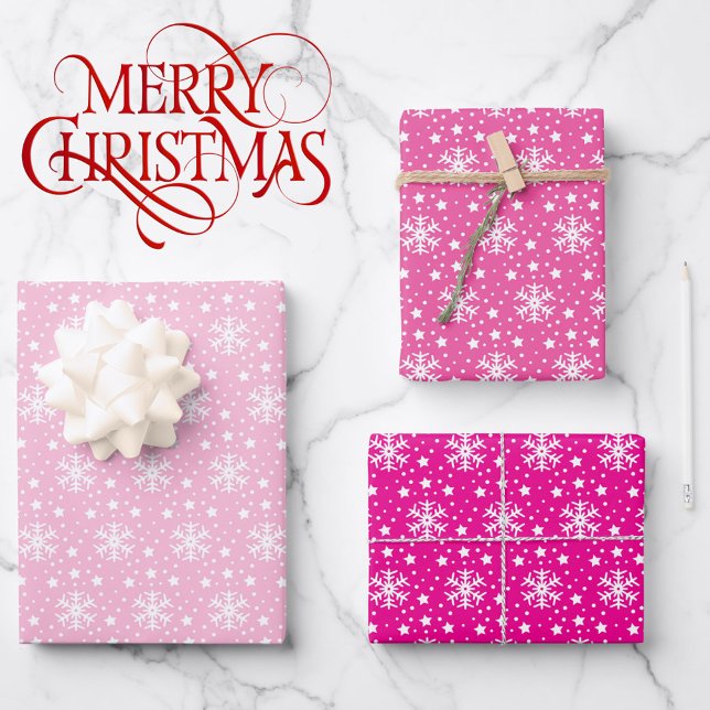 3 Pink Coordinated Snowflake Weihnachtsgeschenk Geschenkpapier Set (Von Creator hochgeladen)