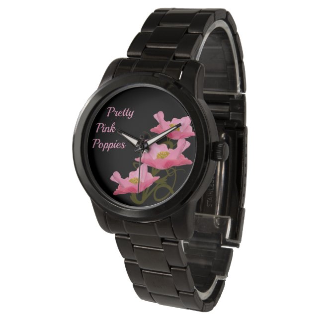 3 Pink Poppy Blume Numberless Custom Girl Armbanduhr (Schrägansicht)