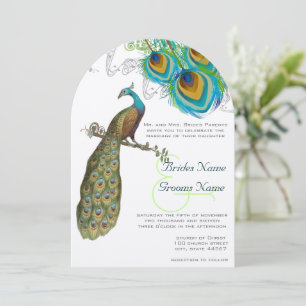 3 Plumes de Paon Invitation de Mariage Art Déco