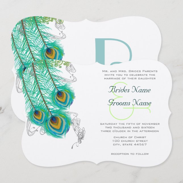 3 Plumes de paon Wedidting Invitation (Devant / Derrière)