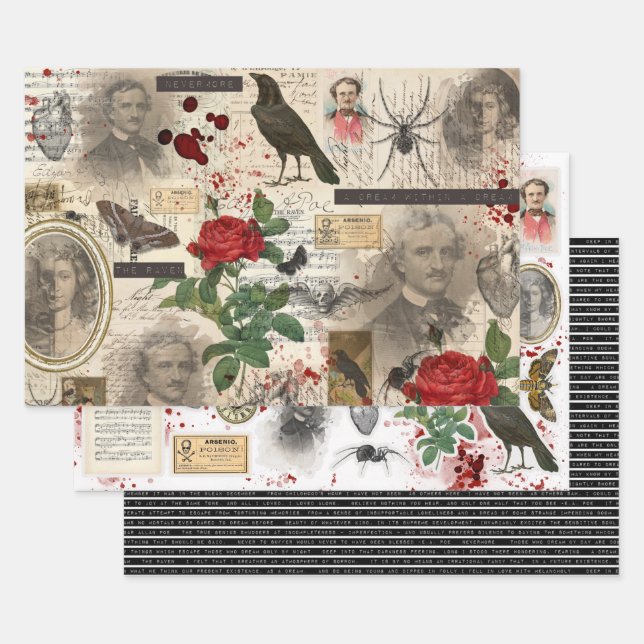 3 Poe Halloween Gothique Collage Ephemera Feuilles (Lot)