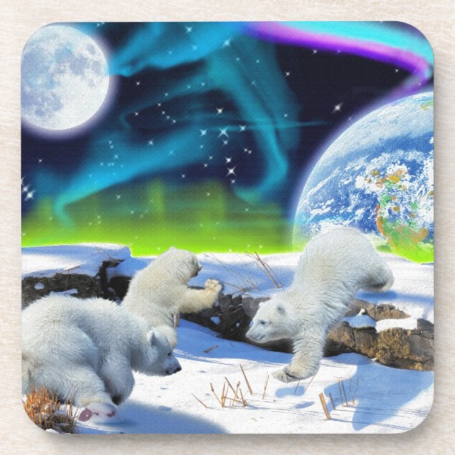 3 Polar Bear Cubs Playing in Snow - Earth Day Art Getränkeuntersetzer (Vorderseite)