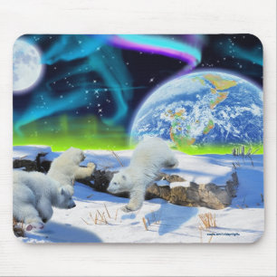 3 Polar Bear Cubs Playing in Snow - Earth Day Art Mousepad
