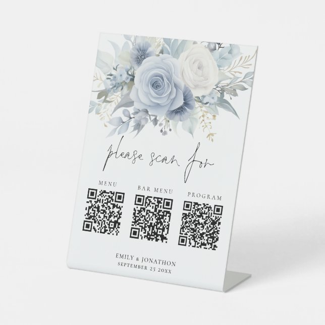 3 Qr Codes Bar Menu Programm Blue Florals Wedding Sockelschild (Vorderseite)