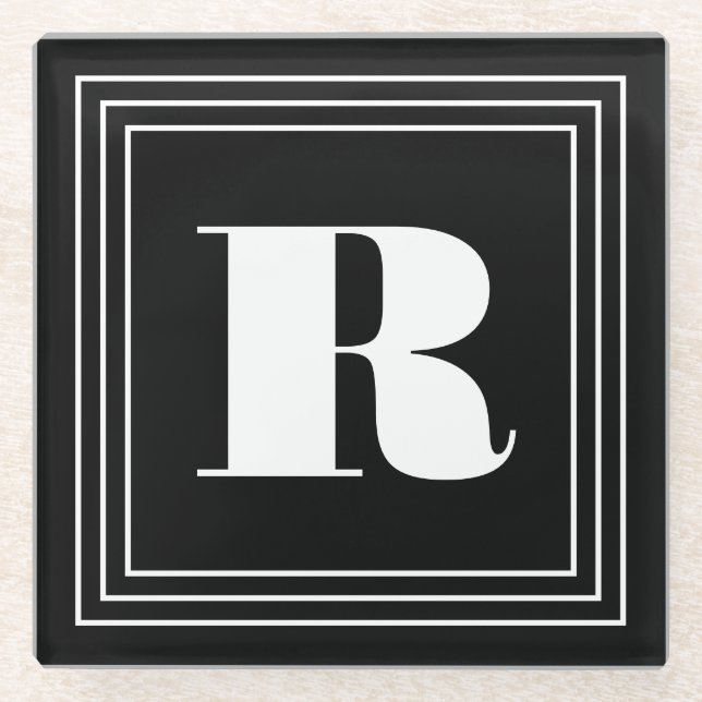 3 Rahmen Monogramm | Schwarz & Weiß Glasuntersetzer (Vorderseite)