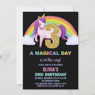 3. Rainbow Unicorn Geburtstag Einladungen Glitzer