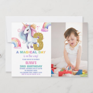 3. Rainbow Unicorn Geburtstagseinladungen mit Foto Einladung