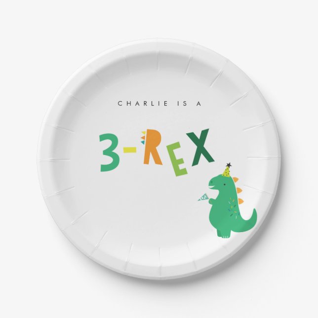 3. Rex Dinosaur Party Teller für den 3. Geburtstag (Vorderseite)