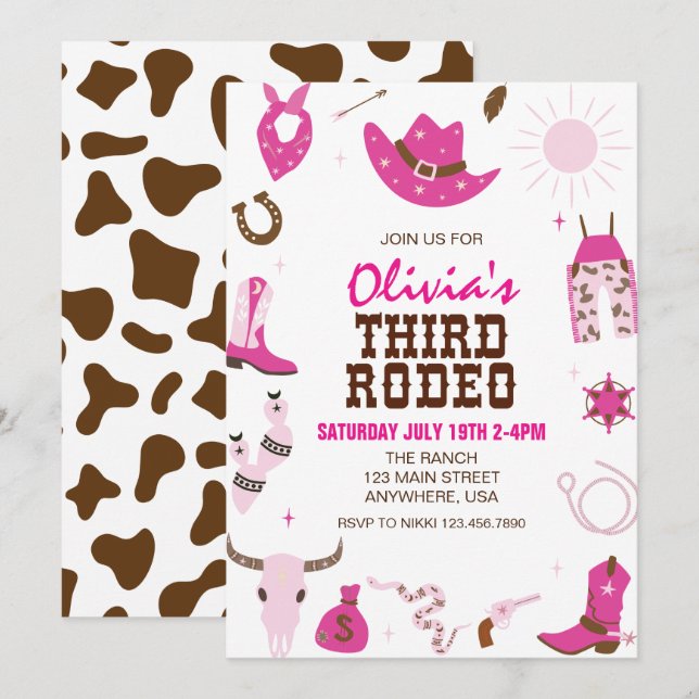 3. Rodeo Hot Pink Western 3. Geburtstag Einladung (Vorne/Hinten)