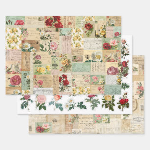 3 Romantische Rose Collage Ephemera Sheets Geschenkpapier Set