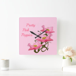 3 rosa Mohnblumen-Blumen kundenspezifische Girly Quadratische Wanduhr