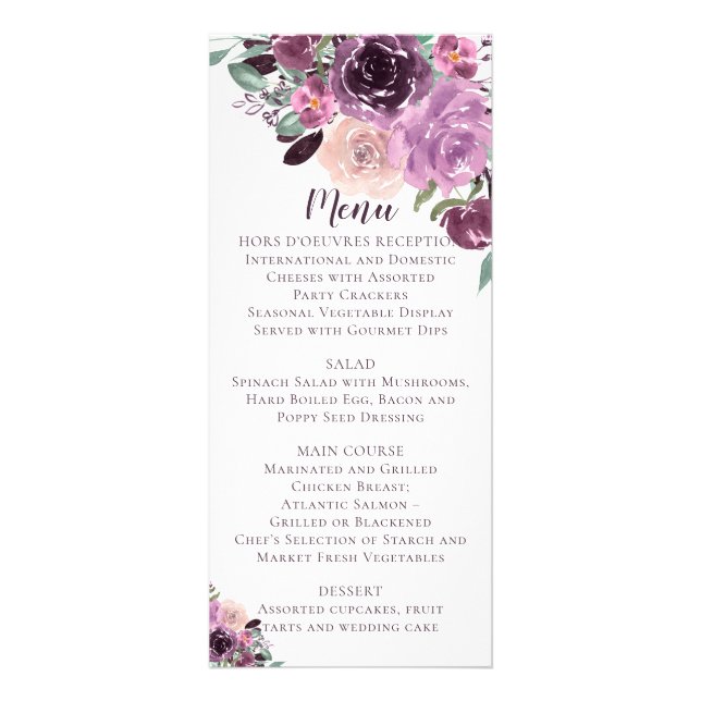 3 Sangria Lila Mauve Floral Wedding | Menü (Vorne)