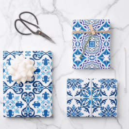 😍 3 Schönes Blaues Azulejos-Wrapping Geschenkpapier Set
