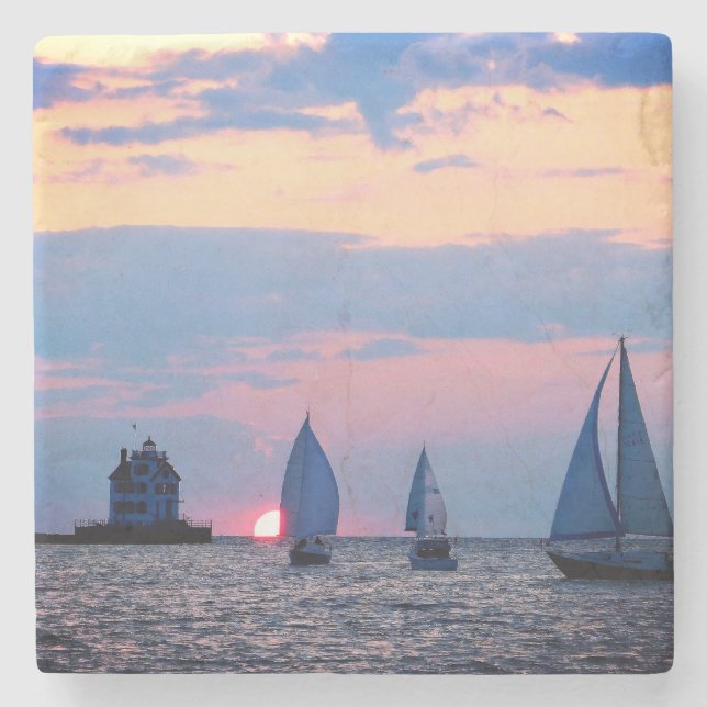 3 Segelboote Sunset Stone Untersetzer (Vorderseite)