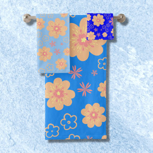 3 Set Blue Orange Floral Motif Serviettes de bain