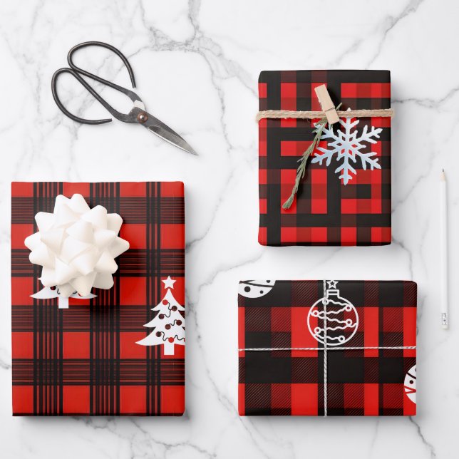 3-Set Buffalo Plaid Christmas Wrapping Paper  Geschenkpapier Set (Vorderseite)
