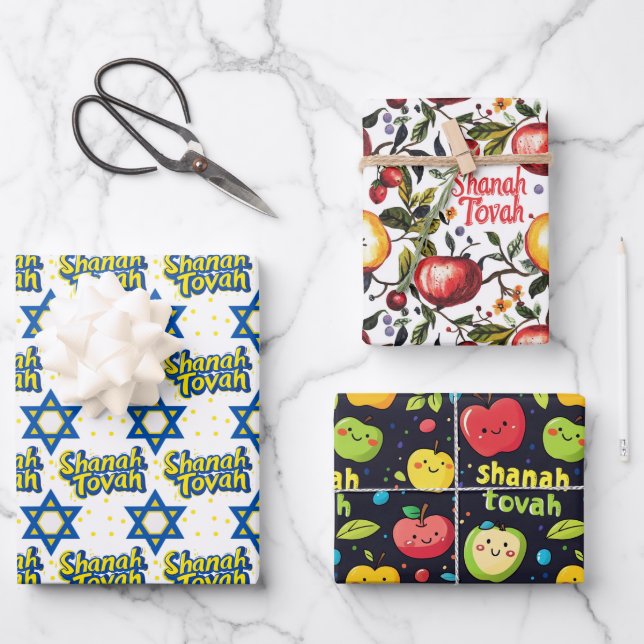 3 Shanah Tovah-Umhüllungsblätter Geschenkpapier Set (Vorderseite)