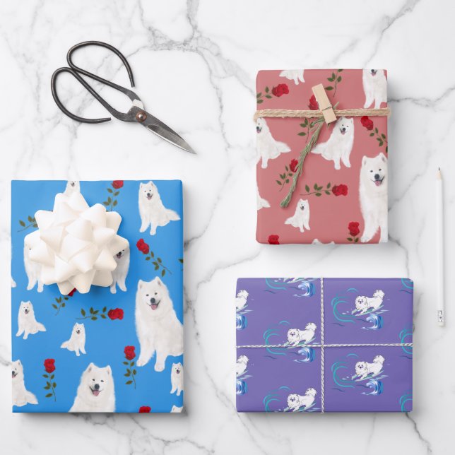 3 Sheet Samoyed Design Geschenkgutschrift Set Geschenkpapier Set (Vorderseite)