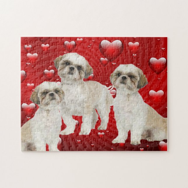 3 Shih Tzu Welpen mit Herz-Hintergrund (Horizontal)