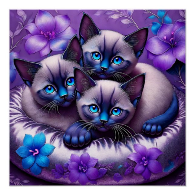 3 Siamische Kätzchen Purple Blumen Silberkissen Poster (Vorderseite)