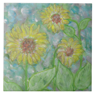 3 Sonnenblumen und Abstrakte Aquarellfliesen Fliese