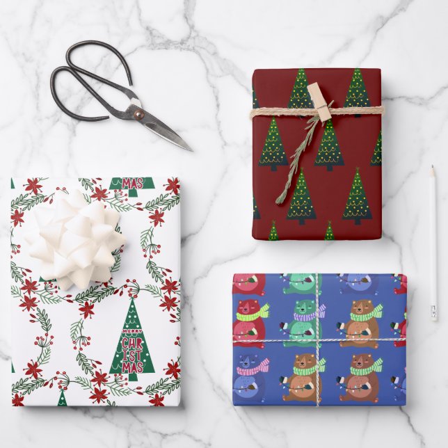 3 Verschiedene Weihnachtswintermuster Geschenkpapier Set (Vorderseite)
