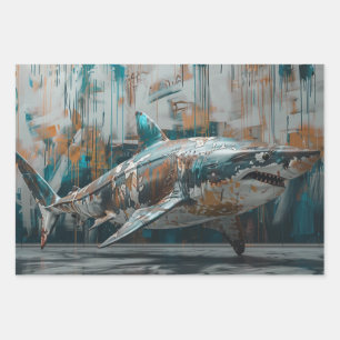 3 Whimsical Graffiti Sharks Decoupage Geschenkpapier Set