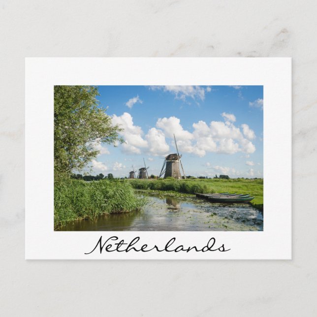 3 Windmühlen und Kanal, Niederlande, weiße Postkar Postkarte (Vorderseite)