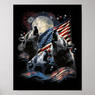 3 Wolf Mond 4. Juli Amerikanische Flagge Heulende Poster
