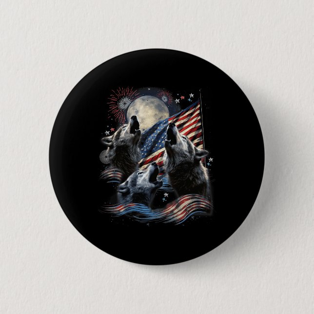 3 Wolf Moon 4. Juli American Flag Howling Amer Button (Vorderseite)