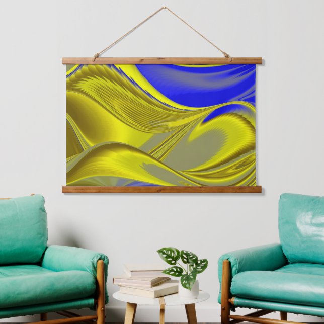 3D Abstrakt in Gelbblau Wandteppich Mit Holzrahmen (Wohnzimmer)