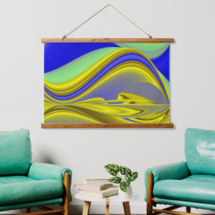 3D Abstrakt in Gelbblau Wandteppich Mit Holzrahmen