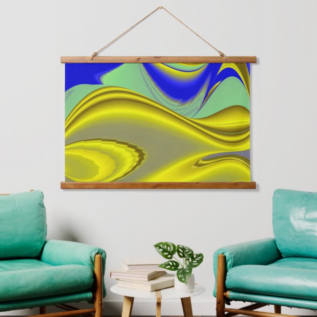 3D Abstrakt in Gelbblau Wandteppich Mit Holzrahmen (Wohnzimmer)