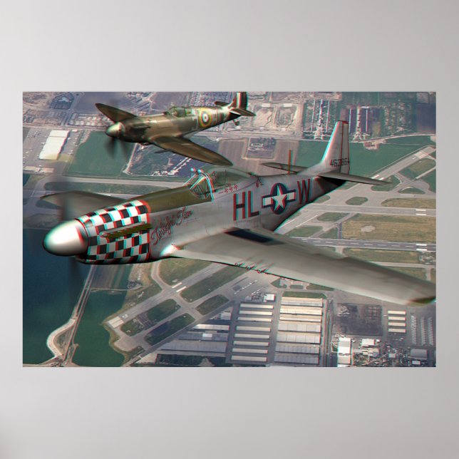 3D-Anaglyphe von P51 n Spitfire über Flugplatz Poster (Vorne)