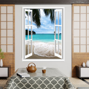 3D-Ansicht zum tropischen Meer und zum Strand Poster