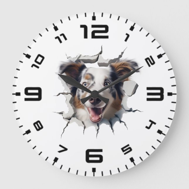 3D Australian Shepherd Cracked Hole Große Wanduhr (Vorderseite)