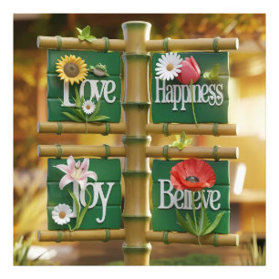 3D Bambuspanels mit floralen Motiven und grünen Bl Fotodruck