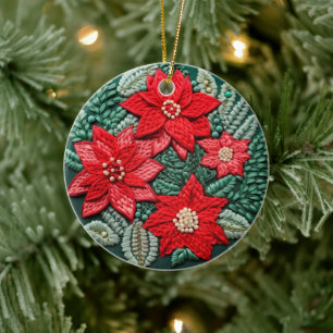 3D bestickt aussehen Poinsettia Winterweihnachtsfe Keramik Ornament