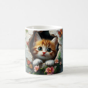 3D-Bild eines niedlichen kleinen Kätzchens, das au Kaffeetasse