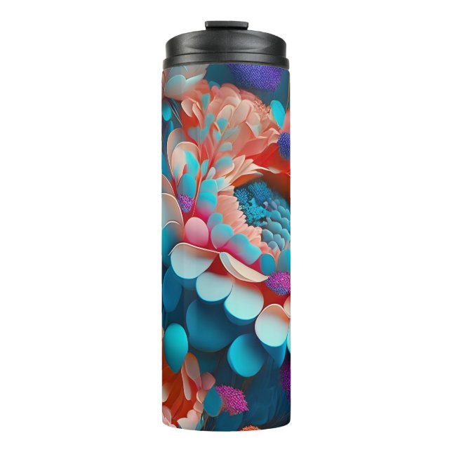 3D Blau- und Orangefarbene Blume Thermosbecher (Vorderseite)