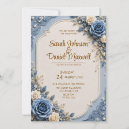 3D Blaue Rosen Hochzeitseinladungsvorlage | Elegan Einladung