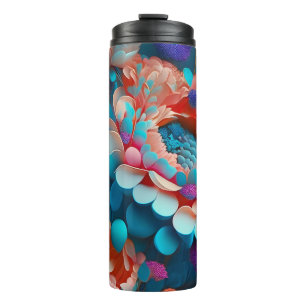 3D Blaue und Orangefarbene Blumen Thermosbecher