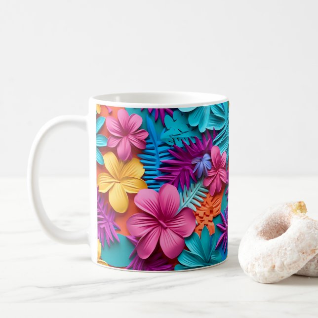 3D Blickende hawaiianische tropische Blume Kaffeetasse (Mit Donut)