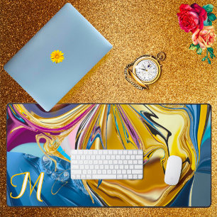 3D Blue Gold Stone Shape Monogram Liquid Abstrakt Schreibtischunterlage